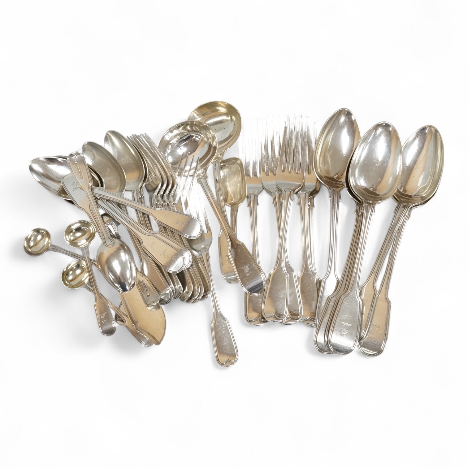 A part canteen of early 19th century silver fiddle and thread pattern flatware by Joseph & Albert Savory, comprising six table and dessert spoons, six table and dessert forks, a pair of sauce ladles, four mustard ladles,